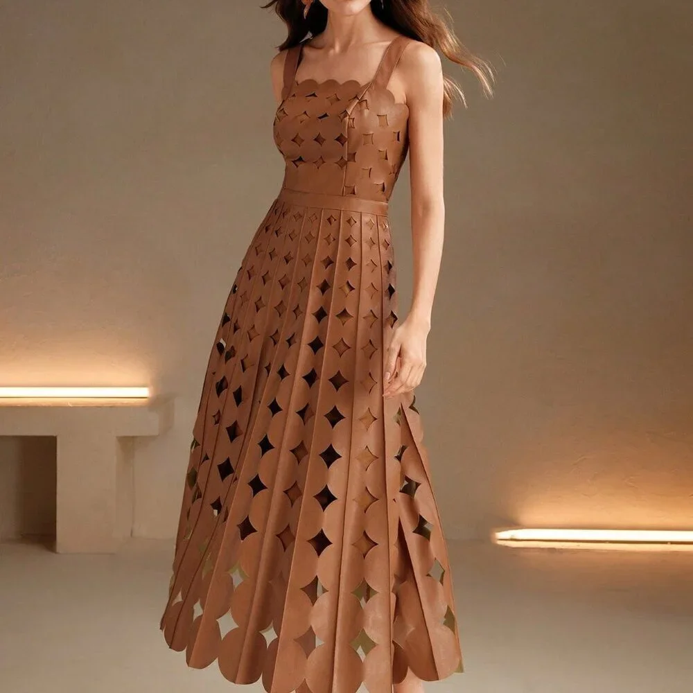 Khaki Elegant Women's Faux Leather Laser Party maxi Dress - Picture 7 of 7